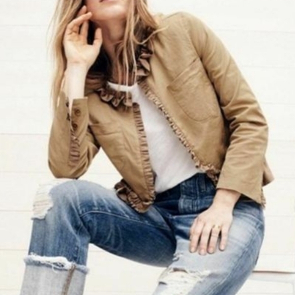 J. Crew Tan Ruffle Trim Classic Twill Chino Women's Jacket | Size 8 - Picture 1 of 11